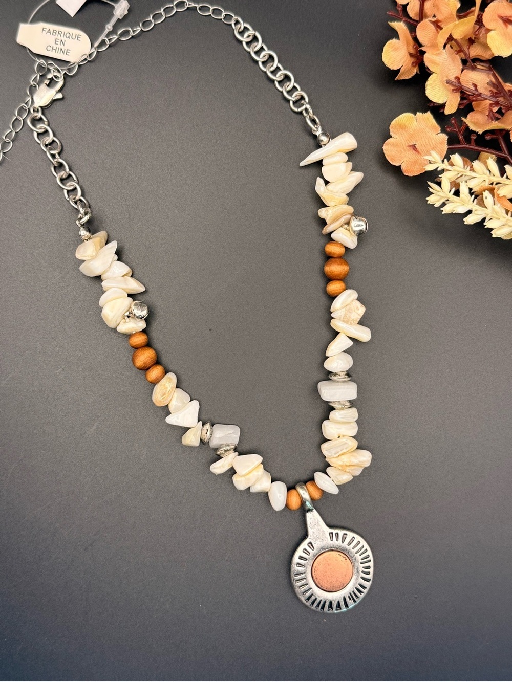 Free People Cream & Brown Shell Chip Necklace with Sun Pendant